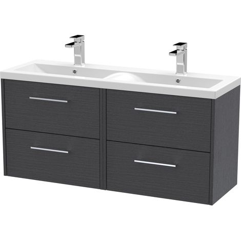 Winshill Contemporary 4 Drawer Wall Hung Vanity Unit with Double Basin, Woodgrain Dark Grey, 1200mm