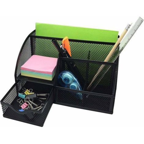 Organisateur Bureau - Métal - 7 Compartiments - Tiroir Gigogne - 22 x 14,2 x 12,5 cm - Noir (1/4)