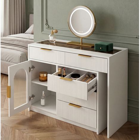Scrivania trucco allungabile con specchio LED in MDF bianco OKMYHOME (1/5)