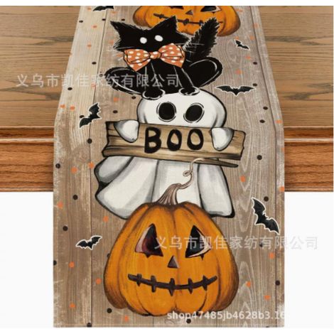 Camino de mesa de Halloween, decoración para fiestas en casa - 33 x 183 cm, diseño de calabaza, fantasma y gato, decoración de temporada (2 piezas) (1/5)