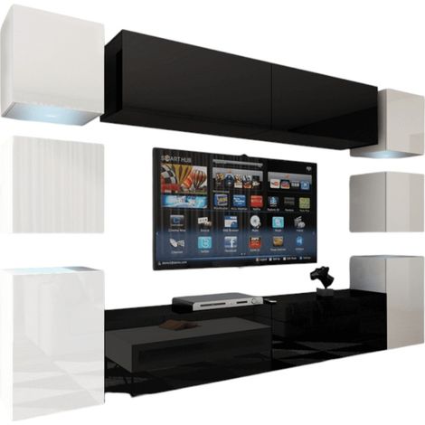 Conjunto de muebles de salón colgantes en negro para el centro, blanco para los lados, colección CEPTO XIV. 256cm, 10 muebles, leds.