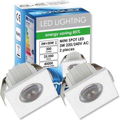 2x Mini Spot LED Encastrable 3W Dimmable, 4000K Blanc Neutre, Carré Aluminium, Ø35x25mm Trou 30mm Faisceau 30°, Éclairage Plafond Meuble Escalier, 220-240V Direct, 1 boite de 2 pcs (1/5)