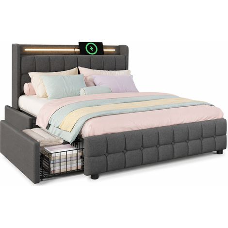 Lit coffre 160x200 avec LED, tiroirs et USB gris HAVRYA (1/5)