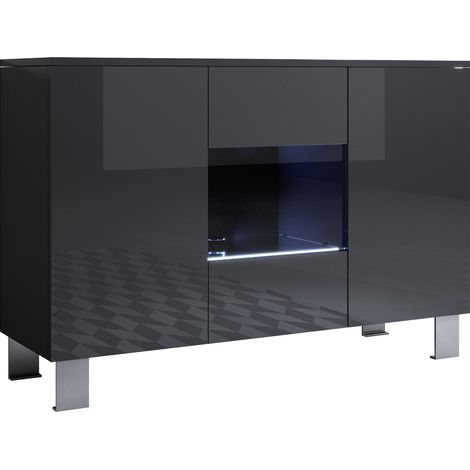 Credenza con piedini 12cm  2 ante  Luce LED  Madia Moderna  Mobile  Sala da Pranzo  120x82x40cm  Modello Luke A2  Nero e Bianco Lucido