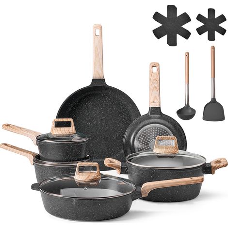 VEVOR Batterie de cuisine, 17 pcs, ensemble de casseroles et poeles a induction avec revetement anti-adhesif en granit, couvercles en verre trempe, avec friture, sauce, saute, passe au gril, noir