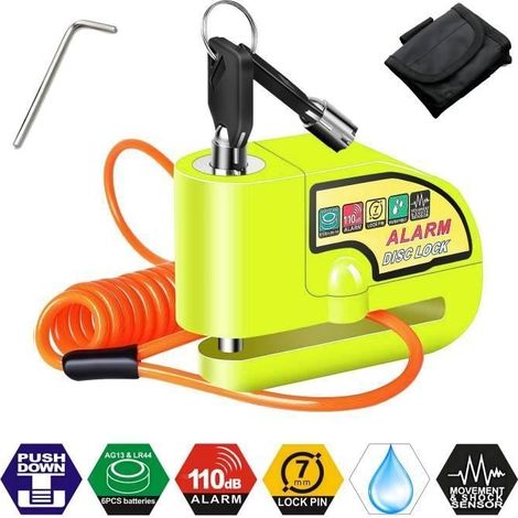 Antivol Moto Bloque Disque avec Alarme de 110dB, Antivol Scooter Bloc Disque Moto Alarme pour Moto-Vélo-Scooter,avec 1,5m Câble (1/4)