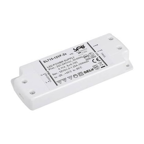 Transformateur LED 15W 1.25A 12V/DC – SLT1512VF2S – Montage sur surfaces inflammables – Protection contre surcharges et courts-circuits – Self Electronics