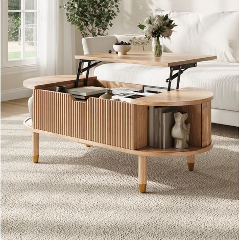 Table basse ovale relevable avec rangement et portes coulissantes, 110 x 48 x 57 cm, naturel HAVRYA (1/5)