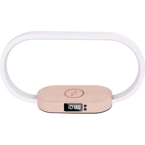 Lampe de chevet LED tactile variable avec horloge intégrée, chargeur sans fil 10W, port USB, en bois pour chambre, bureau et salon (1/5)