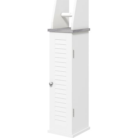 Slim Bathroom Floor Cabinet with Cupboard, Roll Holder Adjustable Shelf, Toilet Roll Storage Unit for Toilet Paper, Shampoo, White (1/5)