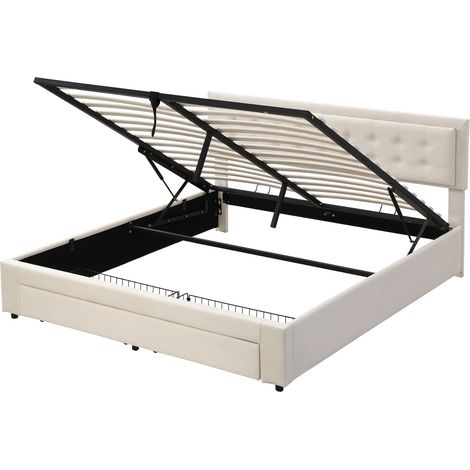 Lit coffre en velours beige 160 x 200 cm avec sommier relevable et tête de lit réglable (1/5)