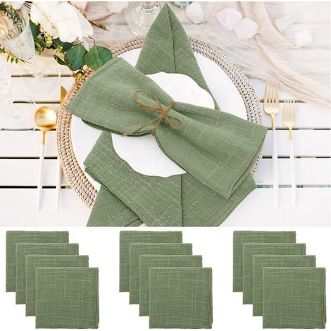 Lot de 12 serviettes en tissu - 42 x 42 cm - Serviettes en lin lavables - Pour Noël, restaurant, mariages, événements, réunions de famille, anniversaires, fêtes (vert sauge) (1/5)