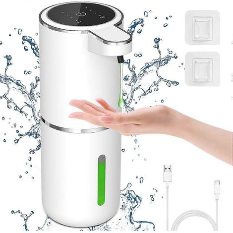 Distributeur automatique de savon liquide, sans contact, rechargeable (380 ml), réglable sur 4 niveaux, fixation murale et sur plan de travail, indicateur de mise sous tension (1/3)