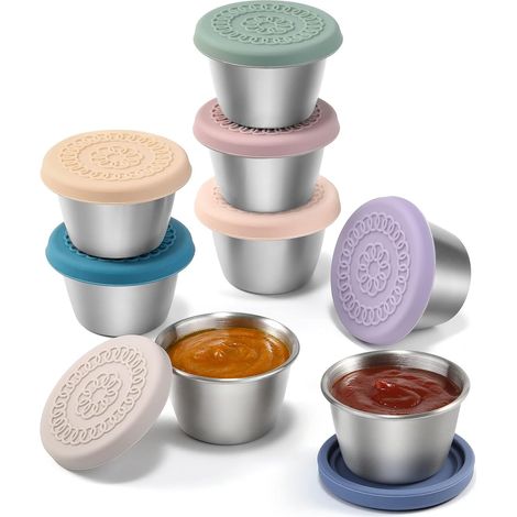 Lot de 8 Contenants à sauce, Acier inoxydable 2,4 oz, Couvercles silicone étanches, Pour lunch et pique-nique (1/5)