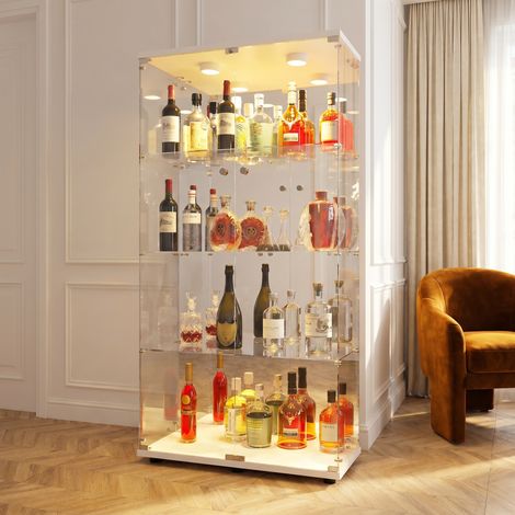 Vitrine en Verre 4 niveaux avec éclairage LED, Armoire Vitrine pour Collection avec double portes à serrure, Moderne Meuble Vitrines, dos miroir et base bois blanc, 80 x 36 x 163 cm (1/5)
