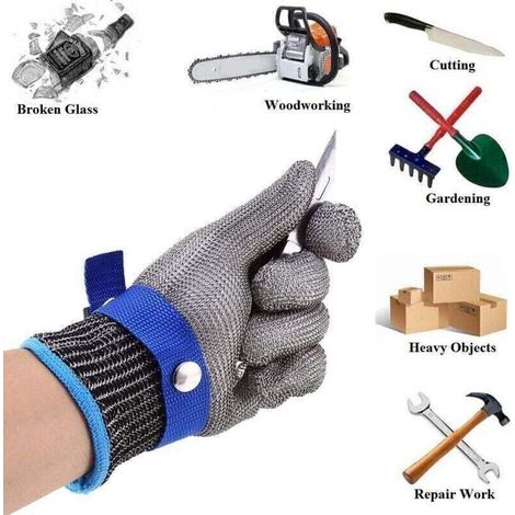 Gant de Boucher en Cotte de Maille Acier inoxydable résistant Coupe Bleu Haute Performance Niveau 5 Protection XL (1/4)
