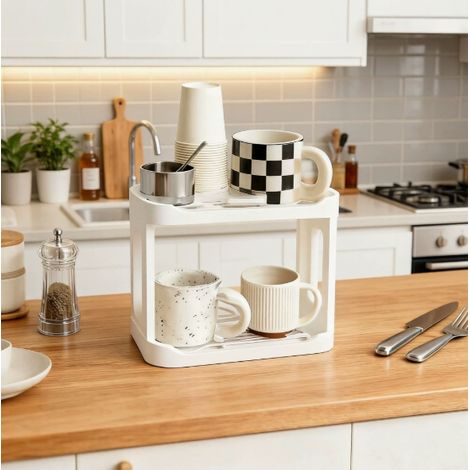 Support de rangement double étage en plastique PP au design minimaliste, étagères ajourées, base antidérapante, parfait pour ranger petits objets dans la cuisine, bureau et autres pièces de la maison (1/5)