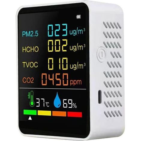 Air quality detector, CO2 PM2.5 TVOC HCHO tester, temperature and humidity with alarm