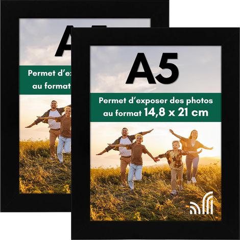 Cadre Photo A5 Noir - Cadre A5 en MDF avec Verre Incassable Poli, Chevalet et Matériel de Suspension Intégré - Format Horizontal et Vertical pour Mur et Dessus de Table - Lot de 2 (1/5)