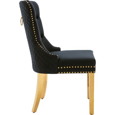 Set di 6 Sedie da Pranzo, Schienale con Anello Decorativo e Borchie, Velluto e Acciaio Inossidabile Dorato, Nero (1/5)
