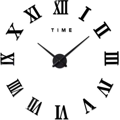 Modern DIY Large Wall Clock Roman Numerals Big Clock Stickers 3D Clock Wall Clock Home Office Decoration Removable (Battery Not Included) Black