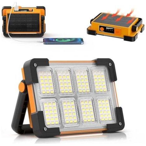 Projecteur LED Rechargeable,Projecteur LED Chantier Portable Solaire & Batterie Rechargeable,4 Modes Lampe de Travail Pour Camping, Chantier, Garage, Atelier