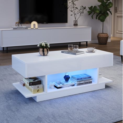 Mesa de centro 98x45x40 cm blanca en tablero de partículas con tablero elevable, LED y almacenaje