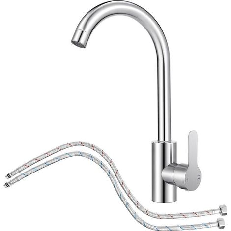Küchenarmatur mit Einhebelmischer und flexiblem Schlauch, Küchenarmatur mit Einhebelmischer aus Edelstahl und 360° schwenkbarem Auslauf, gebogene Küchenspülenarmatur mit hohem Auslauf. (1/4)