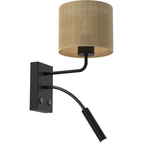 Applique murale noire abat-jour en jute 2 interrupteurs E27 15W + G9 8W Luminex
