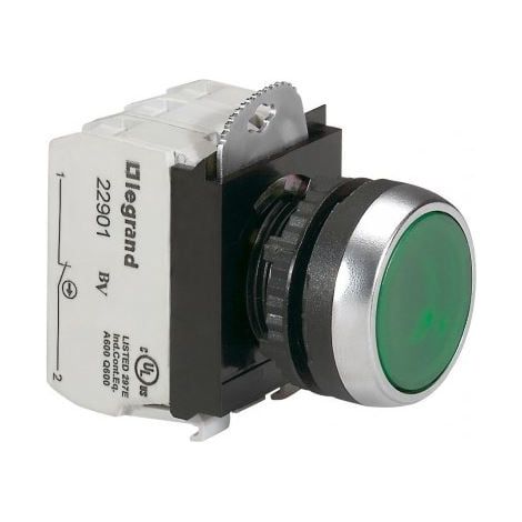 Bouton lumineux à impulsion affleurant IP69 Osmoz complet - vert - 12V à 24V alternatif ou continu - LEGRAND