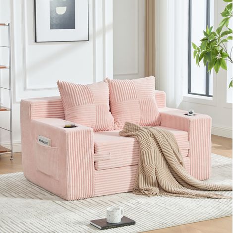 Divano letto doppio in velluto a coste rosa con 2 cuscini, portabicchieri e tasche laterali (1/5)