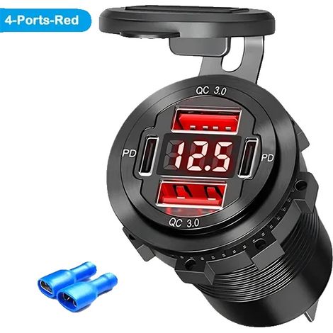 USB-Ladeanschluss, 4 Anschlüsse, Dual PD & QC3.0, Terminals-Rot (1/2)
