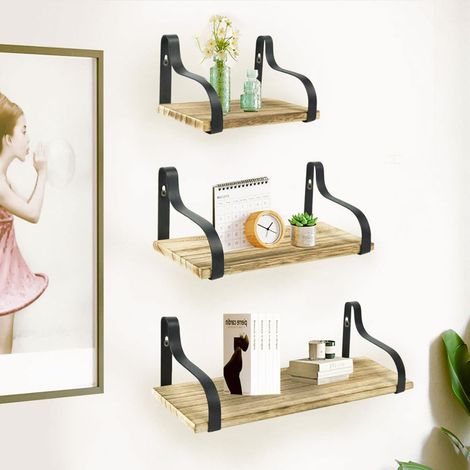 Set of 3 Floating Industrial Wood Metal Wall Shelf Storage Unit (1/5)