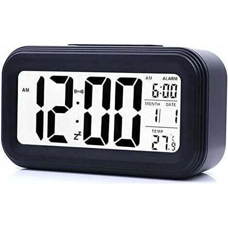 Réveil Digital Réveil Matin, Horloge Numérique Réveil à Pile Silencieux pour Enfants Adultes Grand écran LED Température Calendrier(Noir)