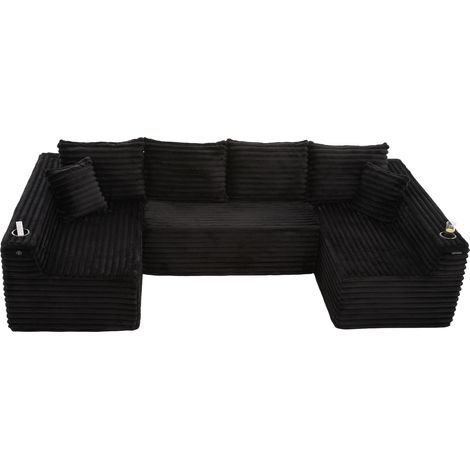 Sofá modular en U de corduroy negro con portavasos, bolsillos laterales y 6 cojines (1/5)