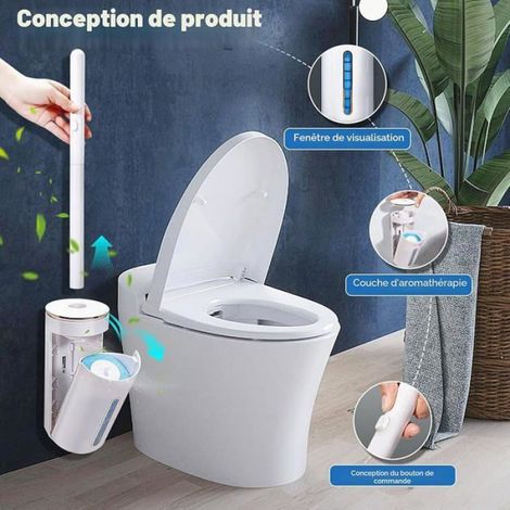 Brosse WC Jetable - Manche Ergonomique avec Boîtier de Rangement - Têtes en Éponge Non Tissée avec Agent Nettoyant Intégré - 8 Pièces - Blanc et Bleu (1/5)