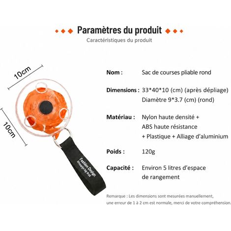 Sac de Courses Pliable Rétractable Orange Vif en Polyester 190T Imperméable, 33 x 40 x 10 cm, se Replie en Disque Compact pour le Sac à Main (1/5)
