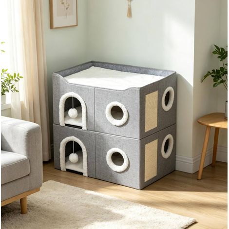Faltbares graues Katzenhaus mit Kratzfläche und erhöhtem Liegeplatz HAVRYA (1/5)
