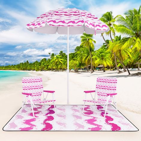 Ensemble de 2 Chaises de Plage avec Parasol et Couverture de Plage Parasol avec Sac de Transport 2 Chaises Pliantes Rose (1/2)