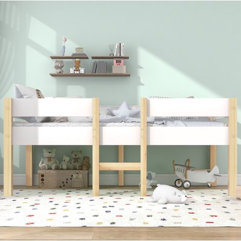 Lit enfant mi-hauteur en bois massif de pin blanc 90x200 cm avec barrière de sécurité et sommier à lattes (1/5)
