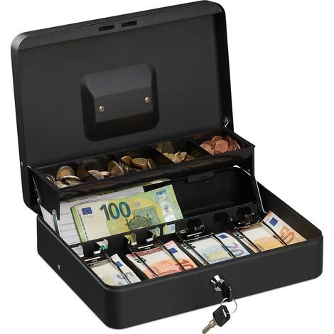 Relaxdays Cassetta di Sicurezza per Soldi, con Scomparto per Monete e 4 Vani per Banconote, 8,5x30,5x24,5 cm, Nero