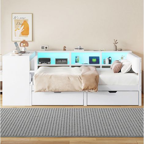 FLORAGRACE Letto 140x200 cm in MDF bianco con testiera imbottita, LED RGB, cassetti, ripiani e presa USB (1/5)