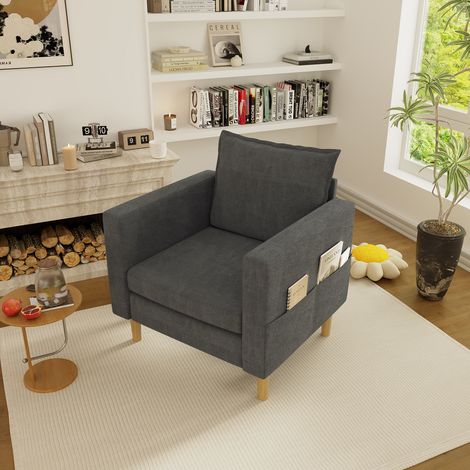 Fauteuil avec poche de rangement et coussin, en chenille grise (1/5)