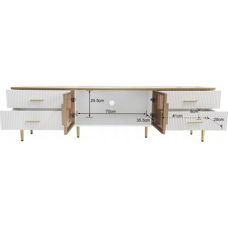 Meuble TV moderne marbre blanc, bas avec 4 pieds, LED intégrée, 4 tiroirs à texture et poignées dorées, 2 portes vitrées trempées marron, rangement élégant, 170x37x47,5cm. (1/5)
