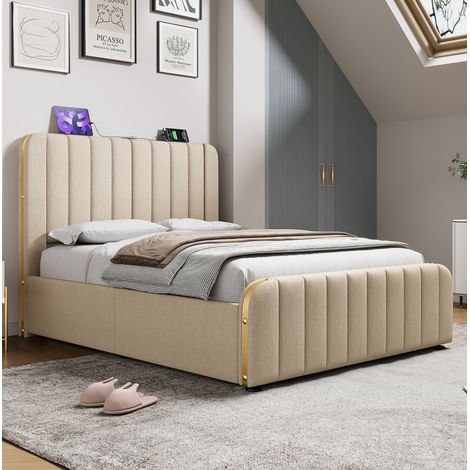 Cama doble 216x170x102 cm de lino beige con USB-C y almacenaje, sin colchón - MEUBLIV (1/5)