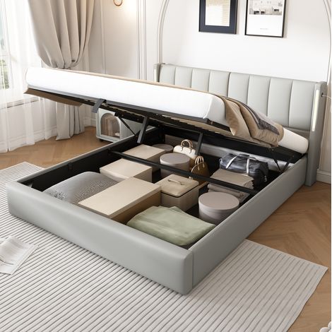 Lit 180x200 cm gris en PU avec LED, USB, rangement et tête de lit réglable (1/5)