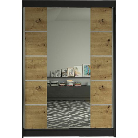 Armoire Closico Salvor V, Noir + Chêne Artisan, 200x120x58cm, Portes d'armoire: Coulissantes, Nombre d'étagères: 5