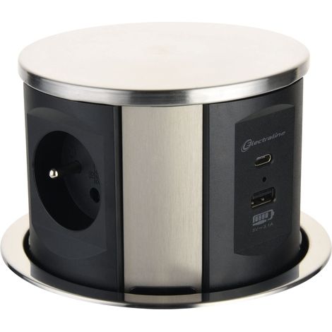 Electraline 35446 stekkerdoos, inschuifbaar, werkblad met 3 16 A, Franse Norm + 2 3,1 A + 1 USB tipo C 15,5 W, inbouwstopcontact voor keuken, diametro 120 mm, 2 m, zwart, verticaal (1/5)