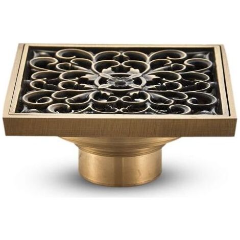 Bodenablauf aus Messing – Antiker quadratischer Duschablauf mit einzigartigem, geschnitztem Blumenmuster für WC und Garten, 10 x 10 cm NPTERBL (1/5)