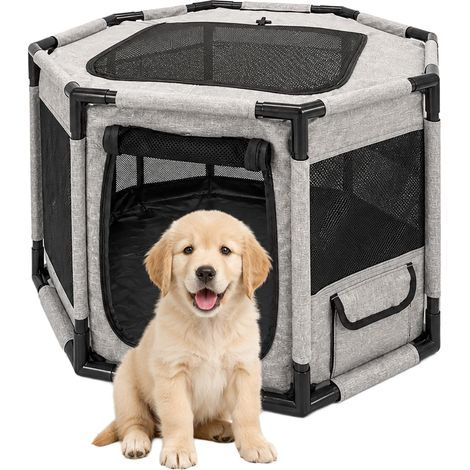 Relaxdays Puppy Playpen, HxWxD: 45 x 72 x 72 cm, indoor & outdoor, mesh, polyester, steel, grey/black (1/5)